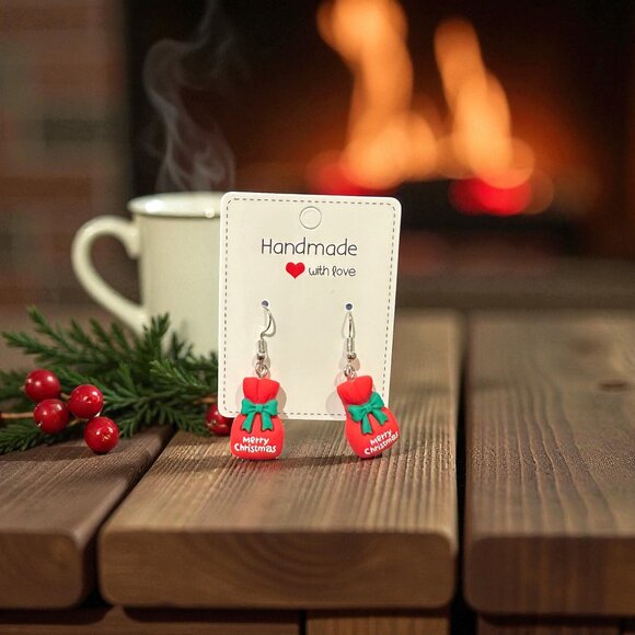 Handmade Christmas Gift Bag Earrings | Polymer Clay Holiday Jewelry - Picture 3 of 12